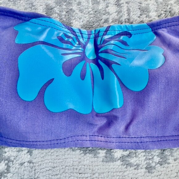 NWT Vintage Y2K 90s Purple with Blue Hibiscus Hawaiian Strapless Bikini Top - Picture 2 of 4